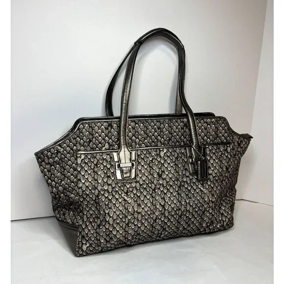 COACH Authentic Tote Carryall Shoulder Bag Purse Snake Print Leather Trim Black - Picture 4 of 11